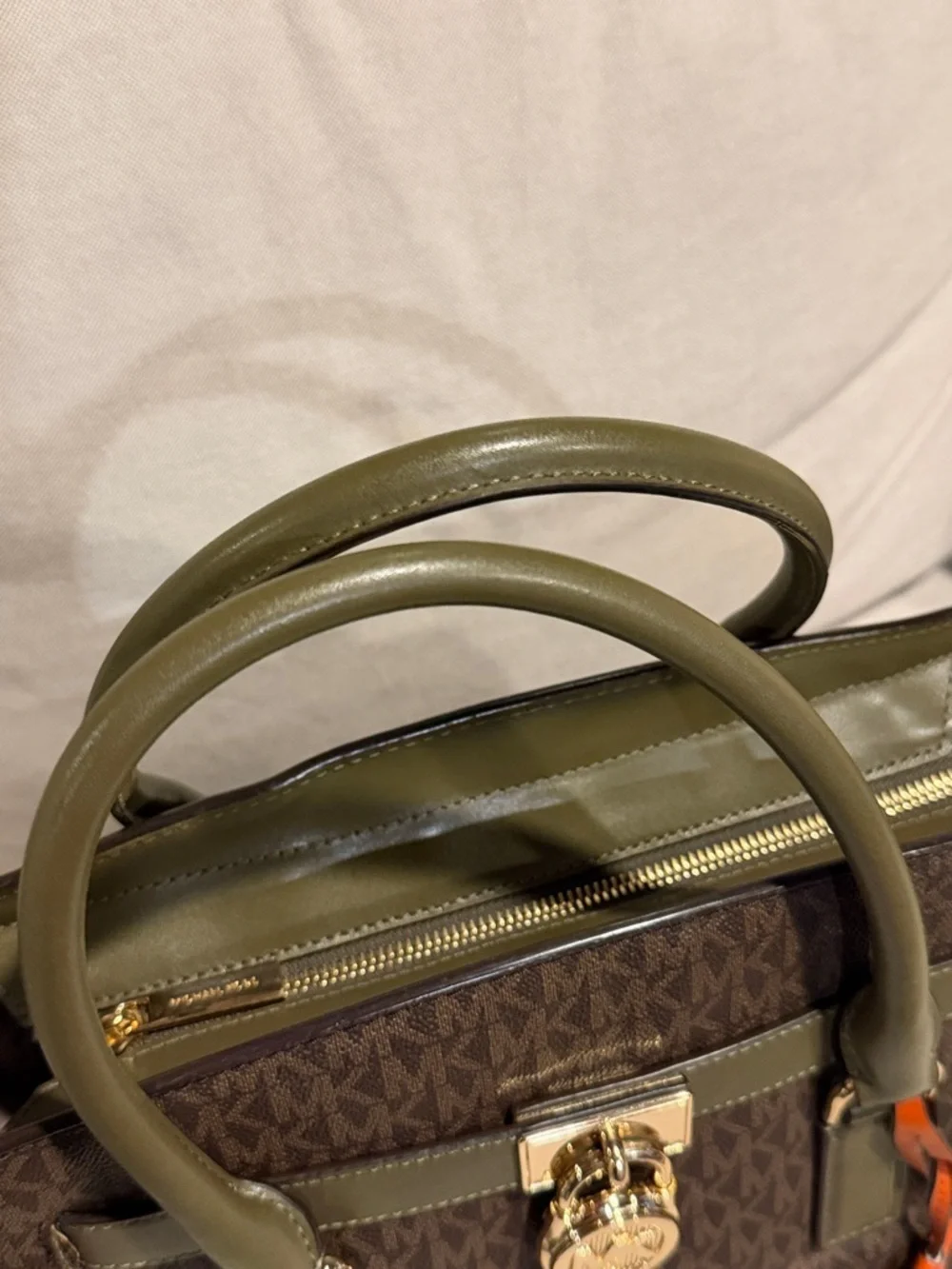 Michael Kors Hamilton Legacy Satchel - Brown Logo / Olive / Orange Colorblock